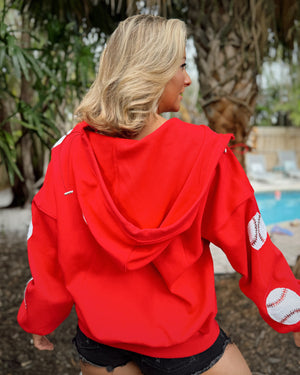 Baseball RED Sequin Drawstring Quarter-Zip Pullover (Ships Approx. 2/15) - Live Love Gameday®
