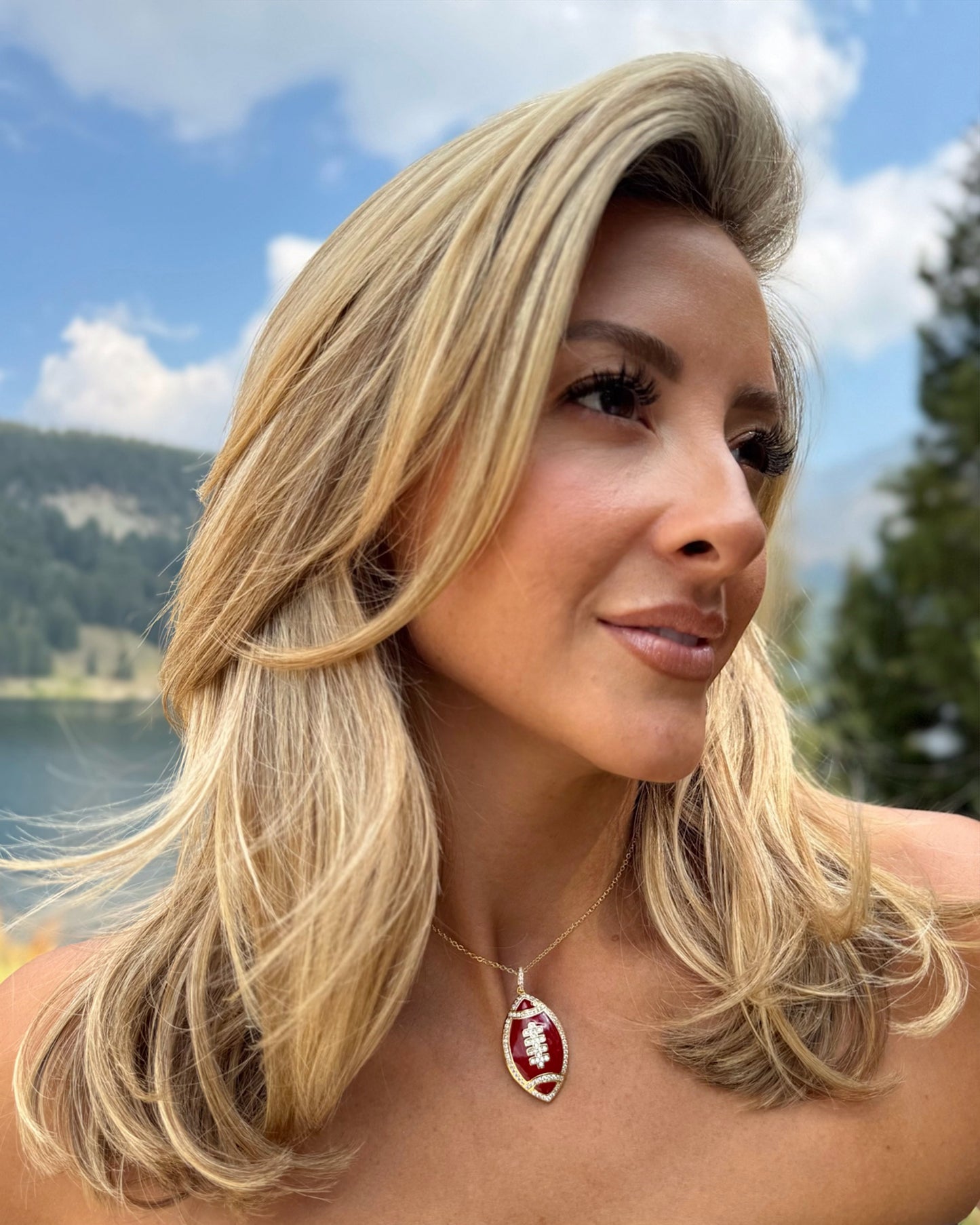 Crimson/Gold Rhinestone Enamel Football Necklace