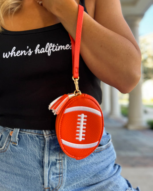 Orange Football-Shaped Faux Leather Wristlet