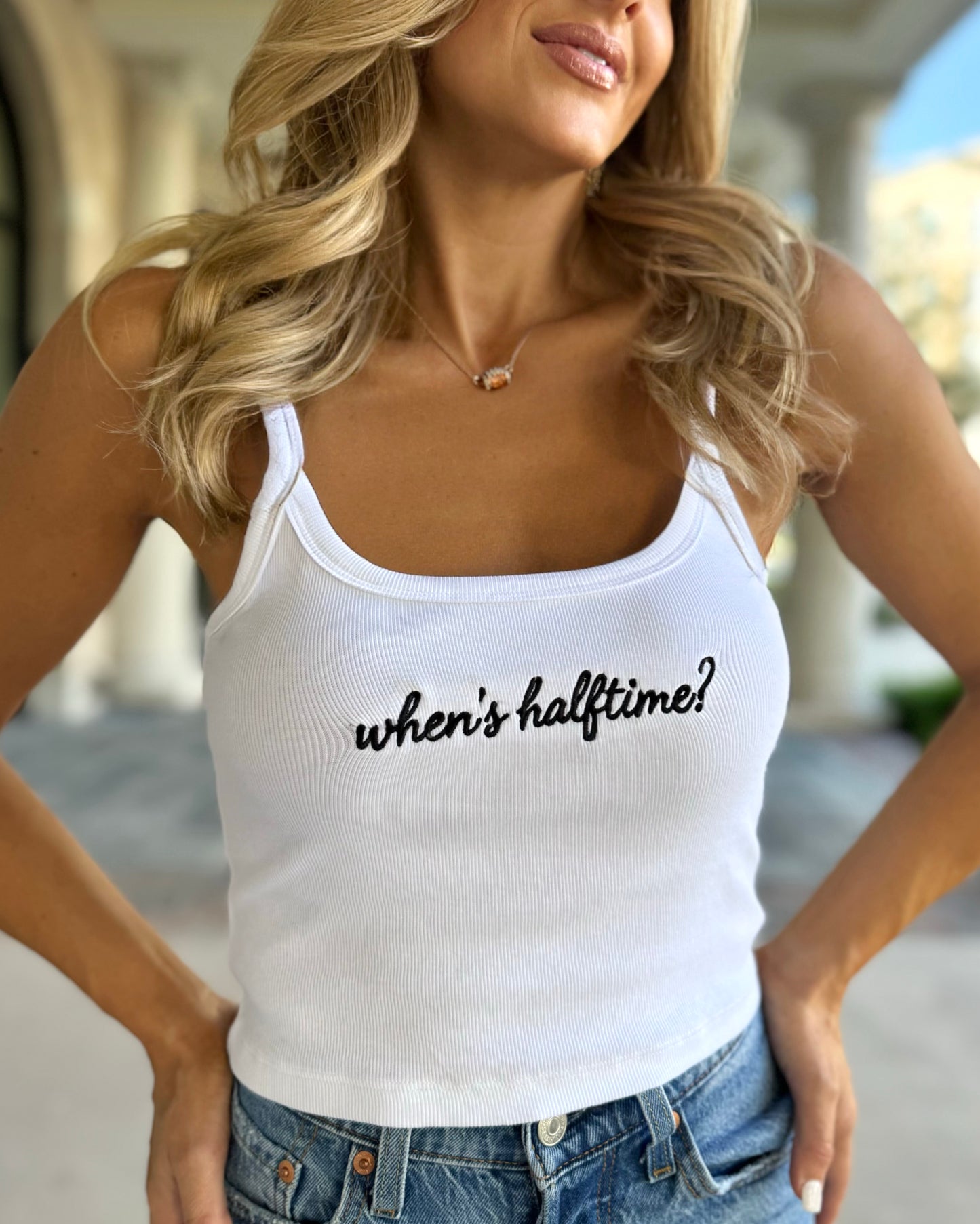White "When's Halftime?" Embroidered Mini Ribbed Tank