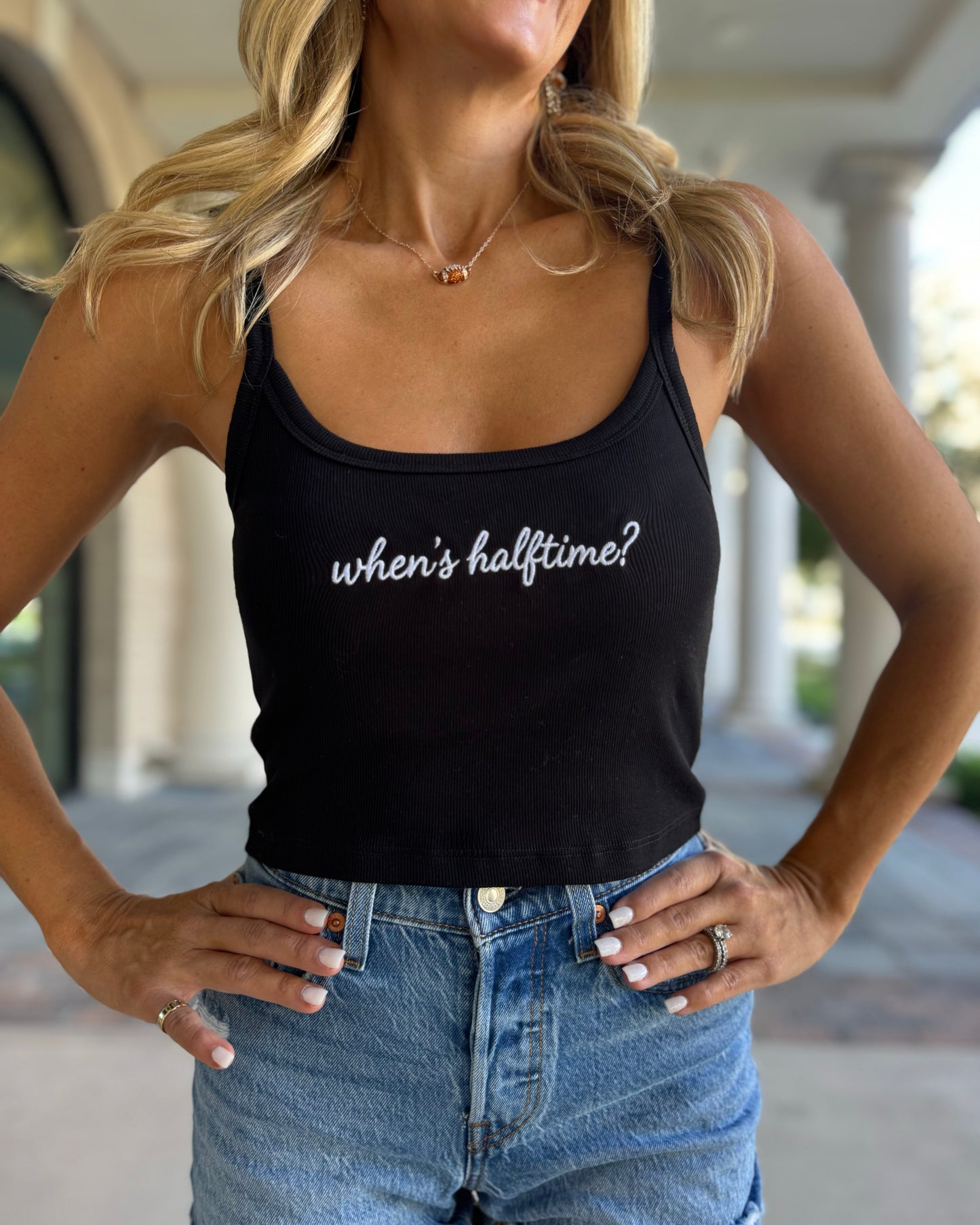 Black "When's Halftime?" Embroidered Mini Ribbed Tank