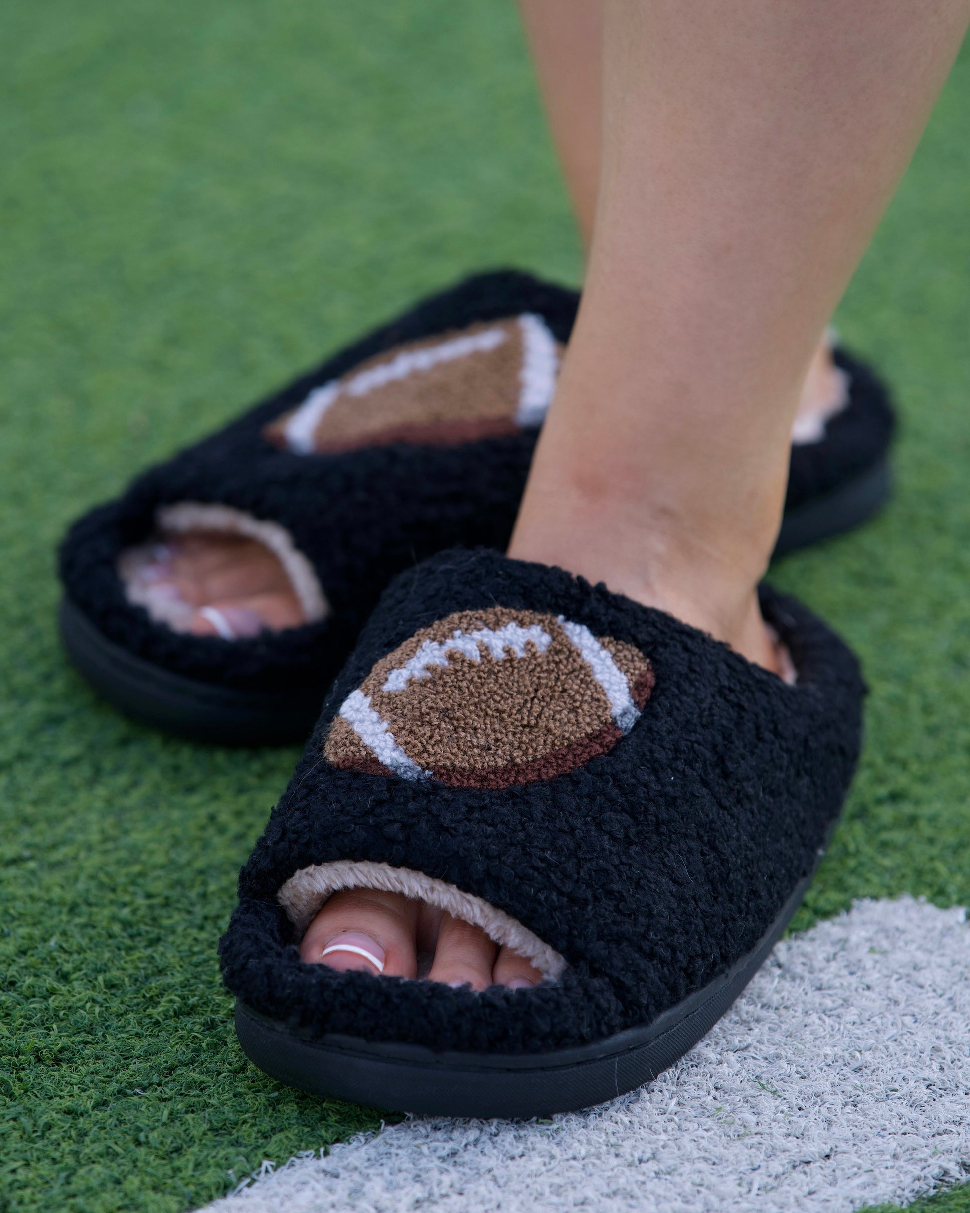 Black Cozy Plush Open Toe Football  Slippers (Pre-Order) - Live Love Gameday®