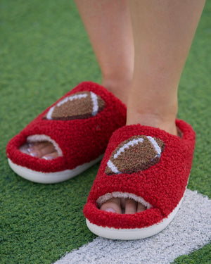 Red Cozy Plush Open Toe Football Slippers (Pre-Order) - Live Love Gameday®