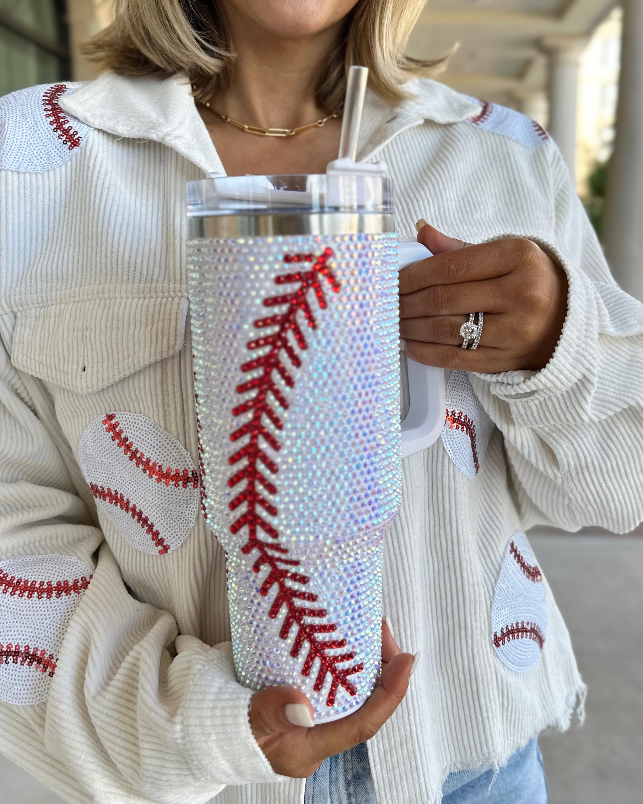 Crystal Baseball White/Red Blinged Out 40 Oz. Tumbler (Ships Approx. 1/30)