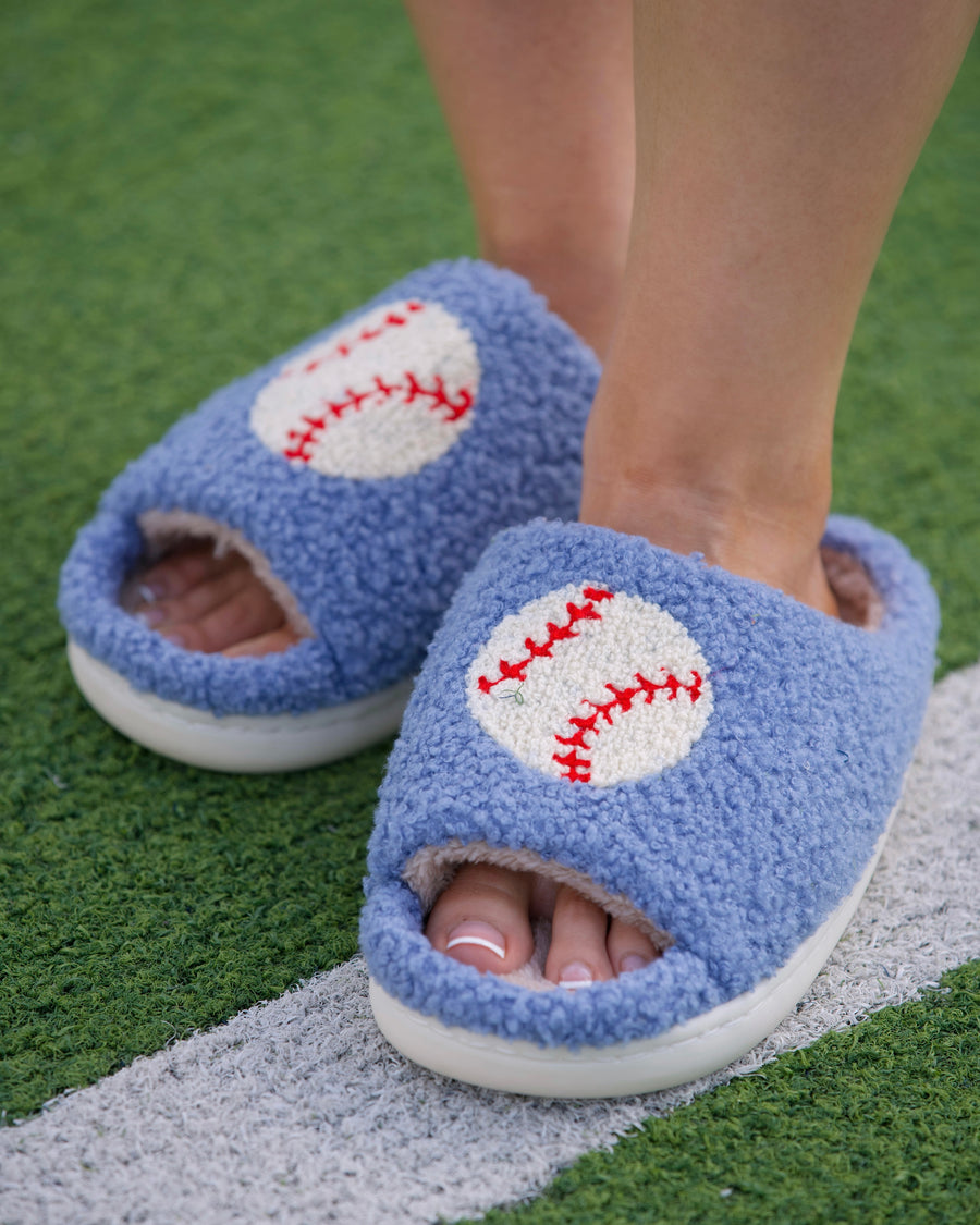 Blue Baseball Cozy Plush Open Toe Slippers (Pre-Order) - Live Love Gameday®