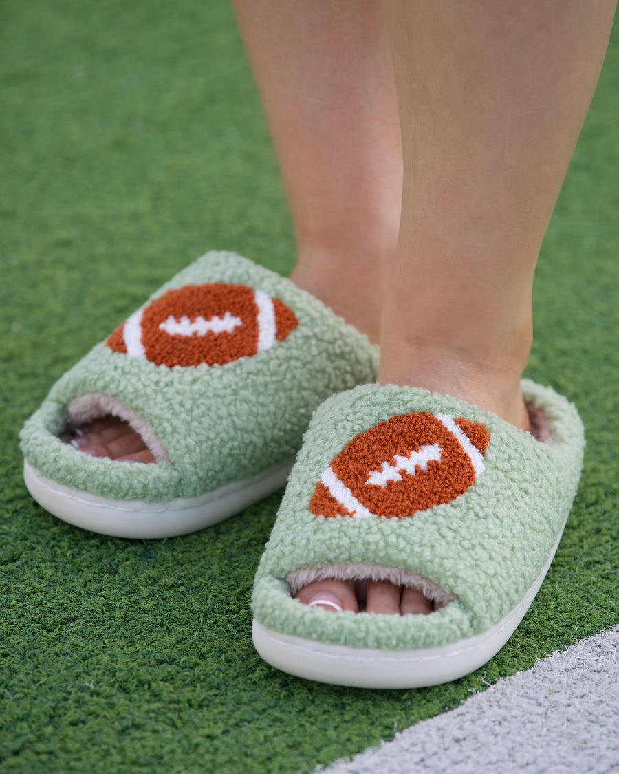 Green Cozy Plush Open Toe Football Slippers (Pre-Order) - Live Love Gameday®