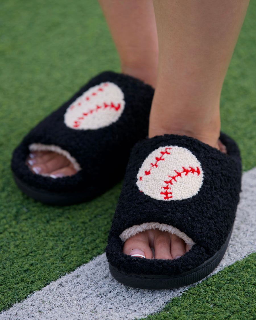 Black Baseball Cozy Plush Open Toe Slippers (Pre-Order) - Live Love Gameday®