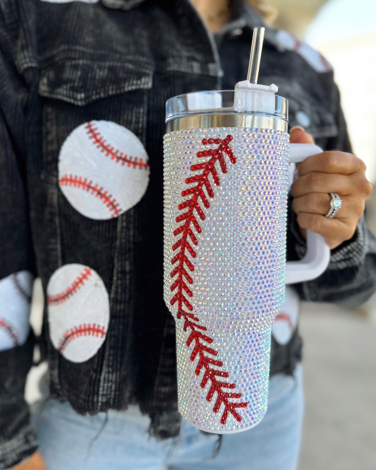 Crystal Baseball White/Red "Blinged Out" 40 Oz. Tumbler - Live Love Gameday®