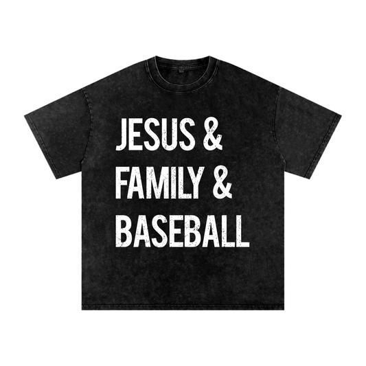 "Jesus, Family & Baseball" Snow Washed Oversized Cotton Tee