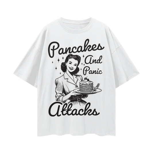"Pancakes & Panic Attacks" Streetwear Loose Drop-Shoulder Tee