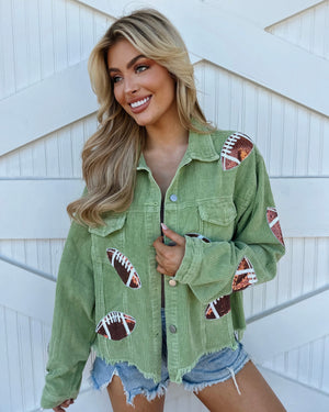 Green Corduroy Sequin Football Cropped Jacket (Pre-Order Ships 9/15) - Live Love Gameday®