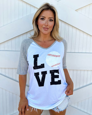 Heather Gray LOVE Baseball “O” 3/4 Sleeve Tee - Live Love Gameday®