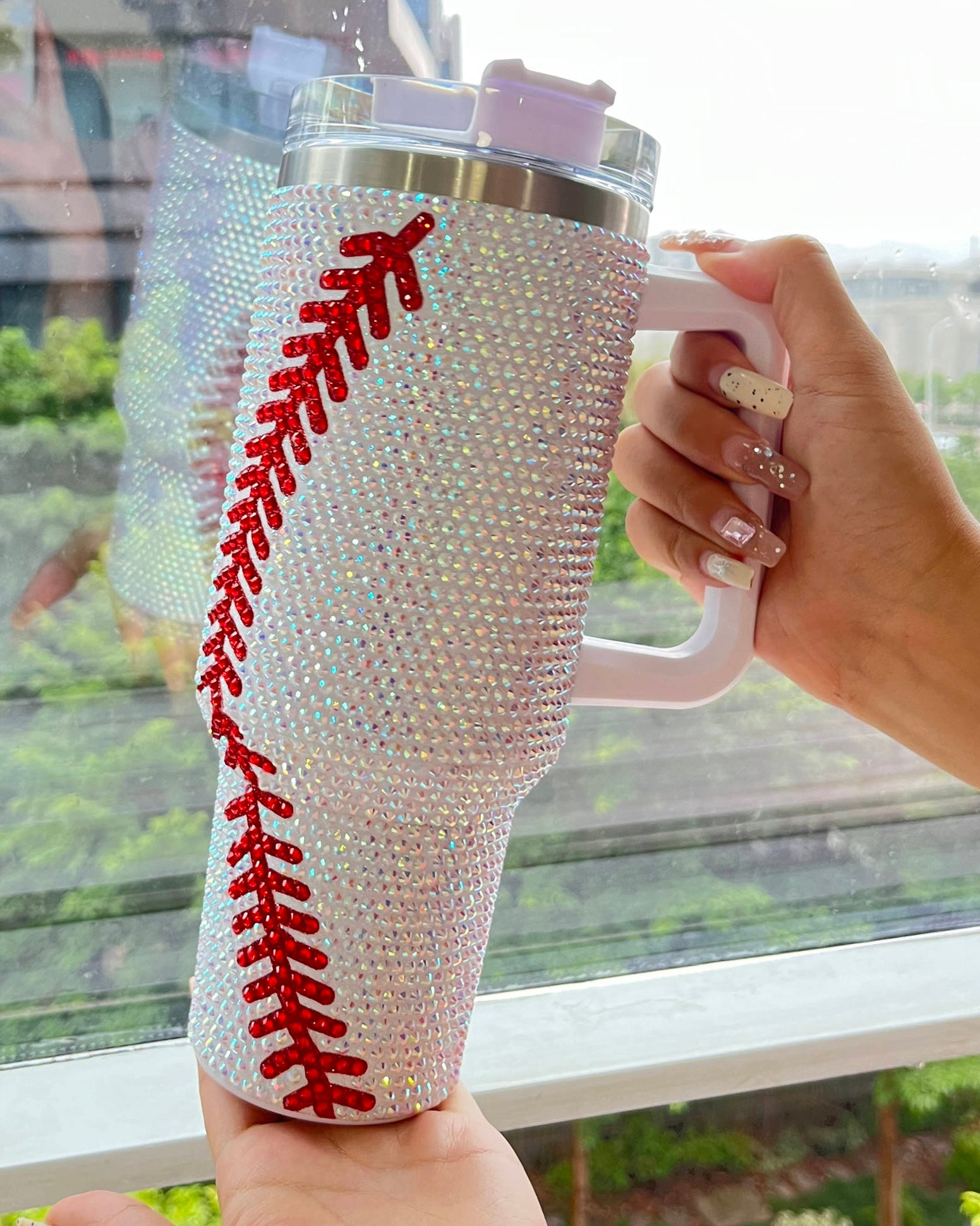 Crystal Baseball White/Red "Blinged Out" 40 Oz. Tumbler (Pre-Order Ships 8/25) - Live Love Gameday®