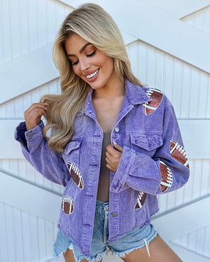 Purple Corduroy Sequin Football Cropped Jacket (Pre-Order Ships 9/1) - Live Love Gameday®