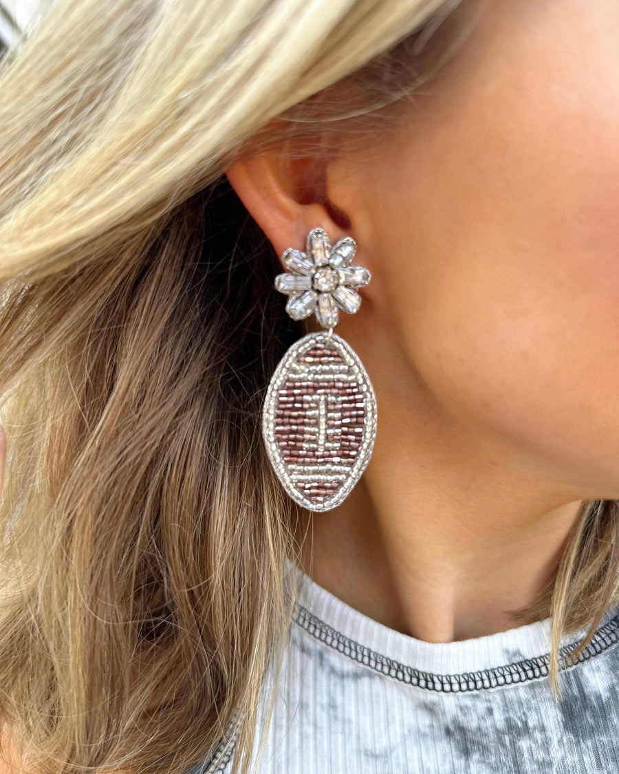 Silver/Brown Sparkle Football Beaded Earrings - Live Love Gameday®