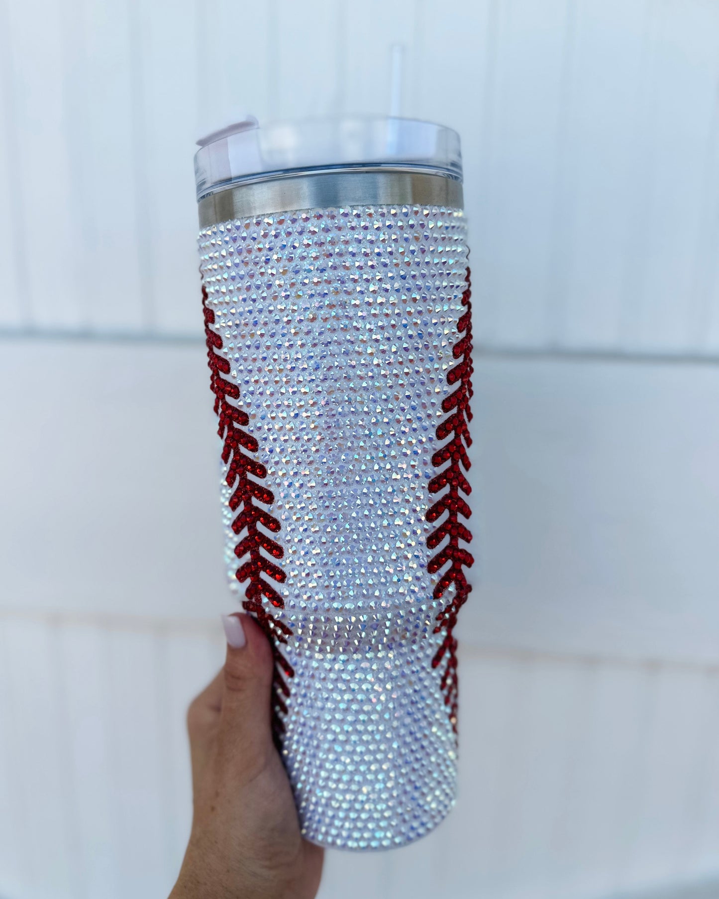 Crystal Baseball White/Red "Blinged Out" 40 Oz. Tumbler (Pre-Order Ships 9/1) - Live Love Gameday®