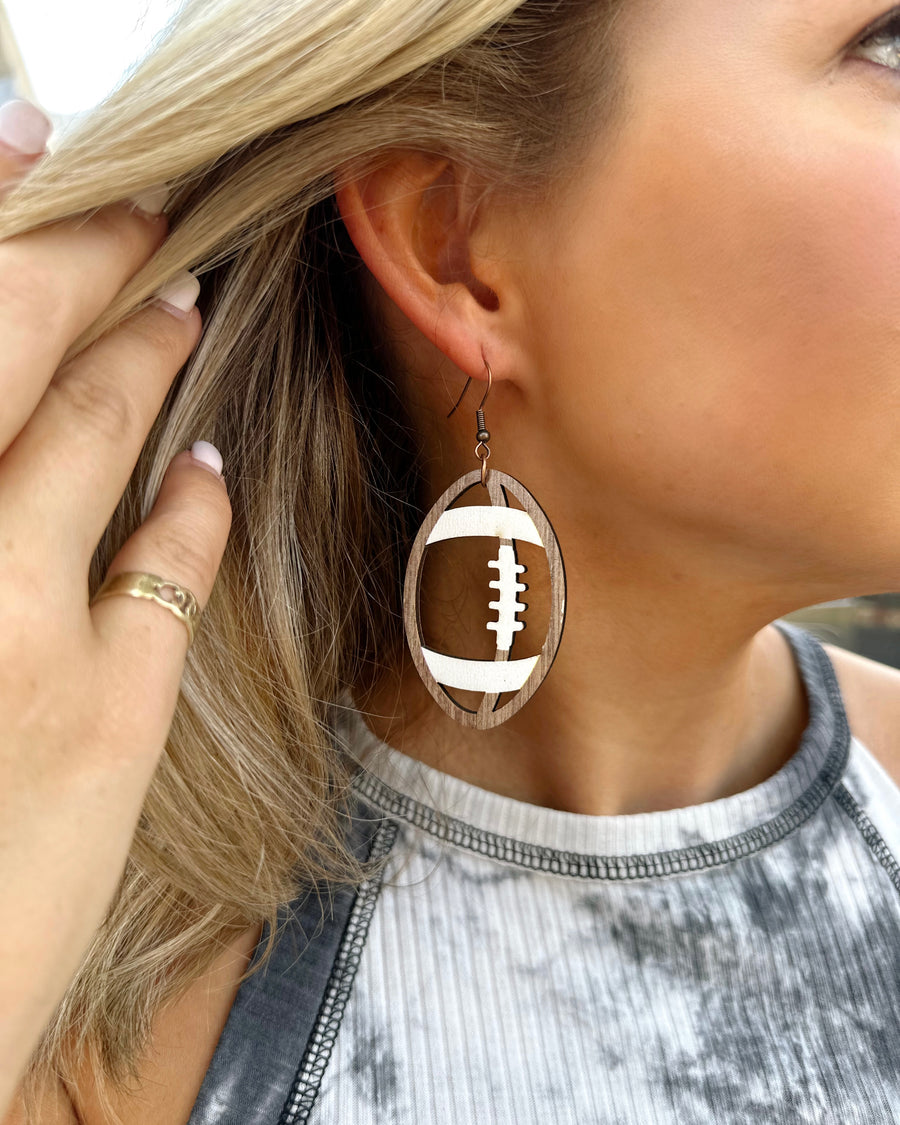Wooden Brown/Ivory Cut-Out Football Hanging Earrings - Live Love Gameday®