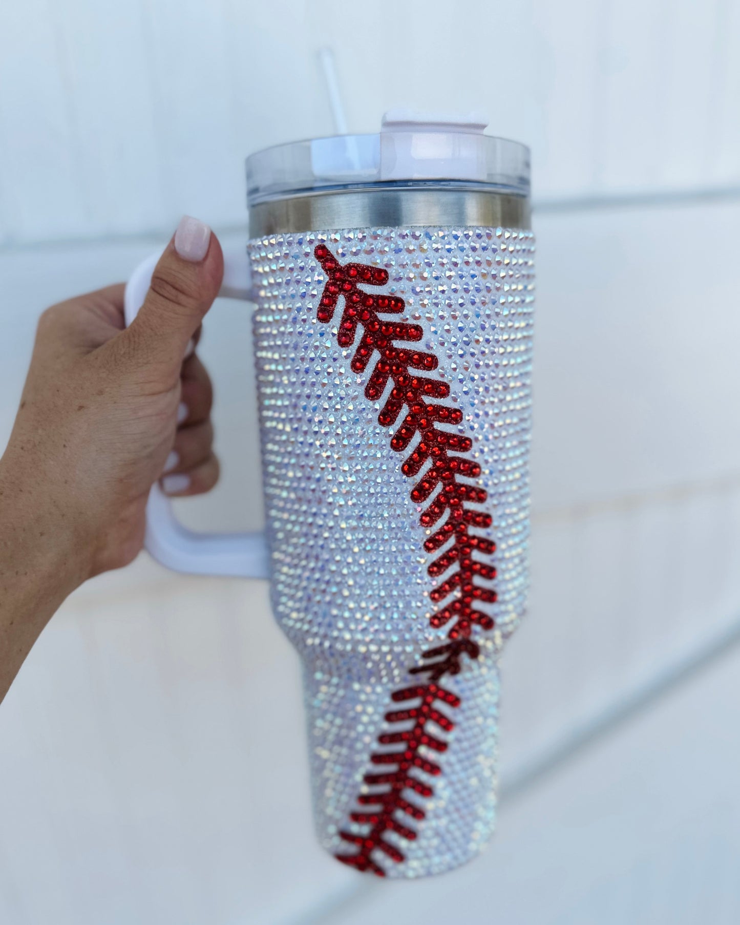 Crystal Baseball White/Red "Blinged Out" 40 Oz. Tumbler (Pre-Order Ships 9/1) - Live Love Gameday®