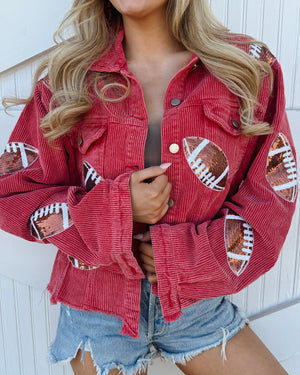 Red Corduroy Sequin Football Cropped Jacket (Pre-Order Ships 9/15) - Live Love Gameday®