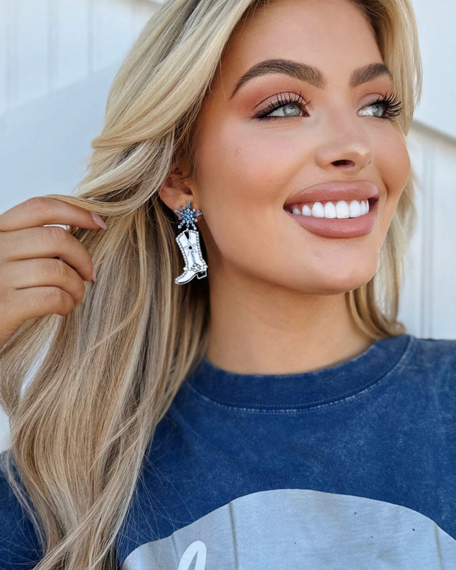 White/Blue Cowboy Boot Earrings - Live Love Gameday®