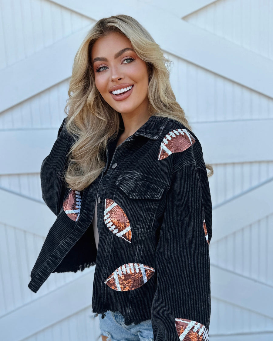 Black Corduroy Sequin Football Cropped Jacket (Pre-Order Ships 9/15) - Live Love Gameday®