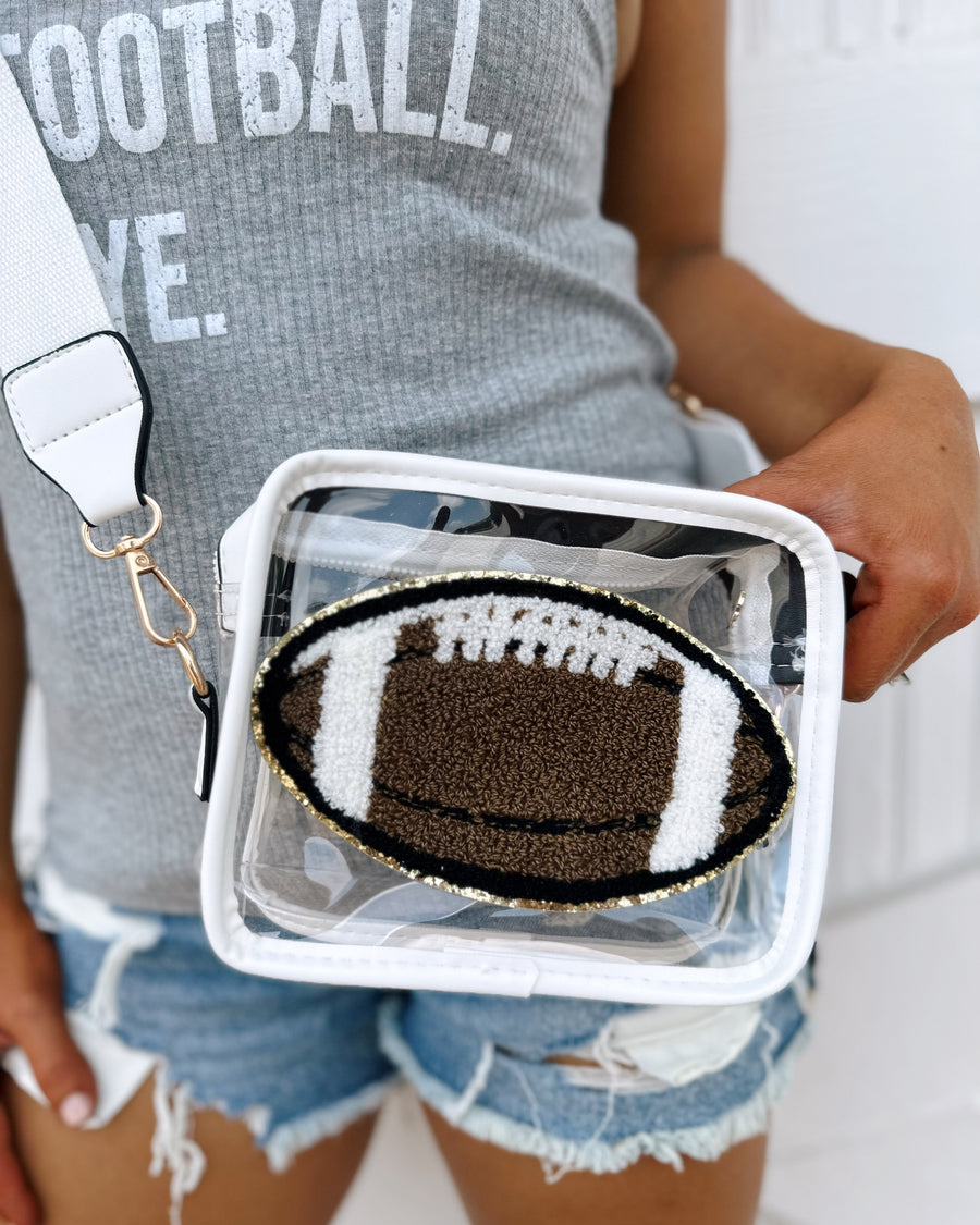 White Football Chenille-Patch Stadium-Approved Clear Purse (Ships 7/24) - Live Love Gameday®