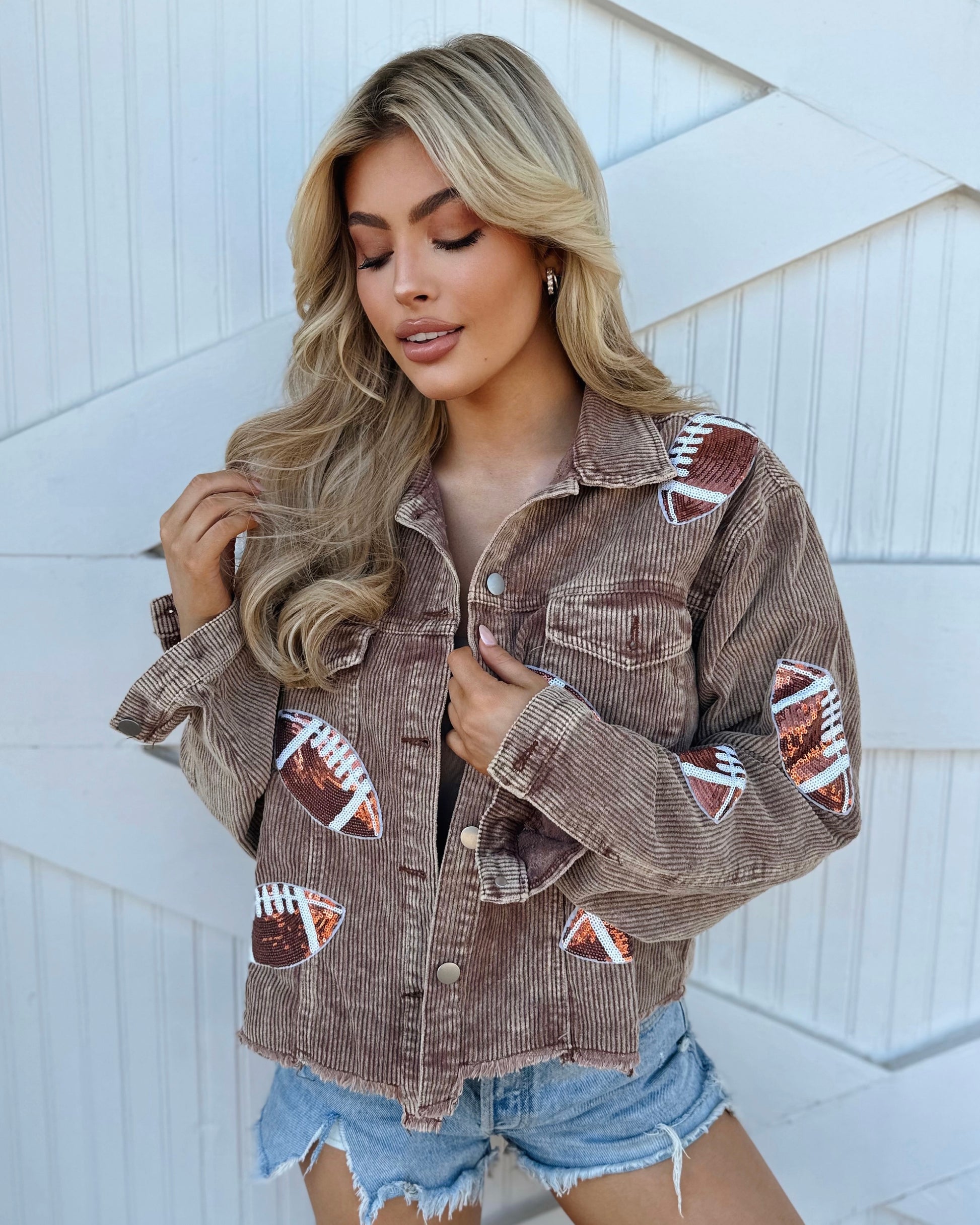 Mocha Corduroy Sequin Football Cropped Jacket (Pre-Order Ships 9/15) - Live Love Gameday®