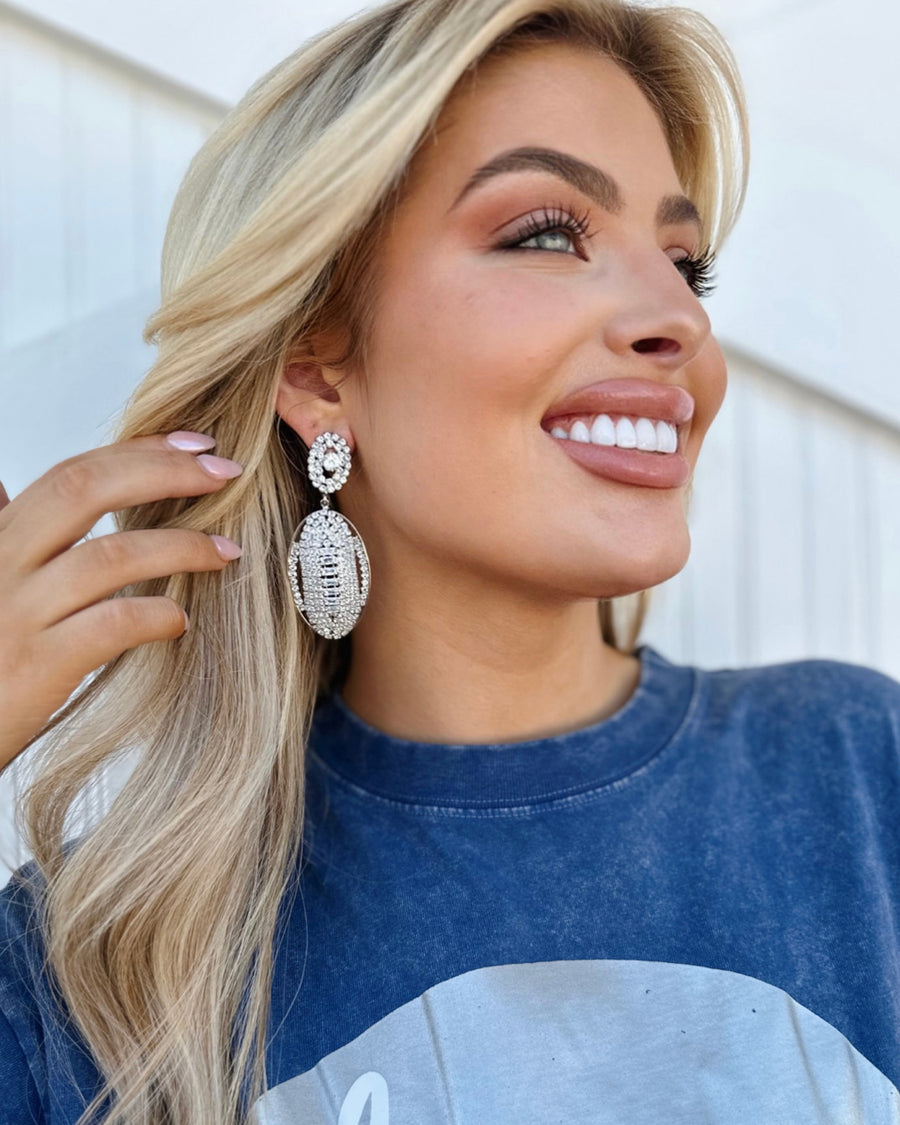 Crystal Silver Football-Style Hanging Earrings (Pre-Order Ships 9/1) - Live Love Gameday®