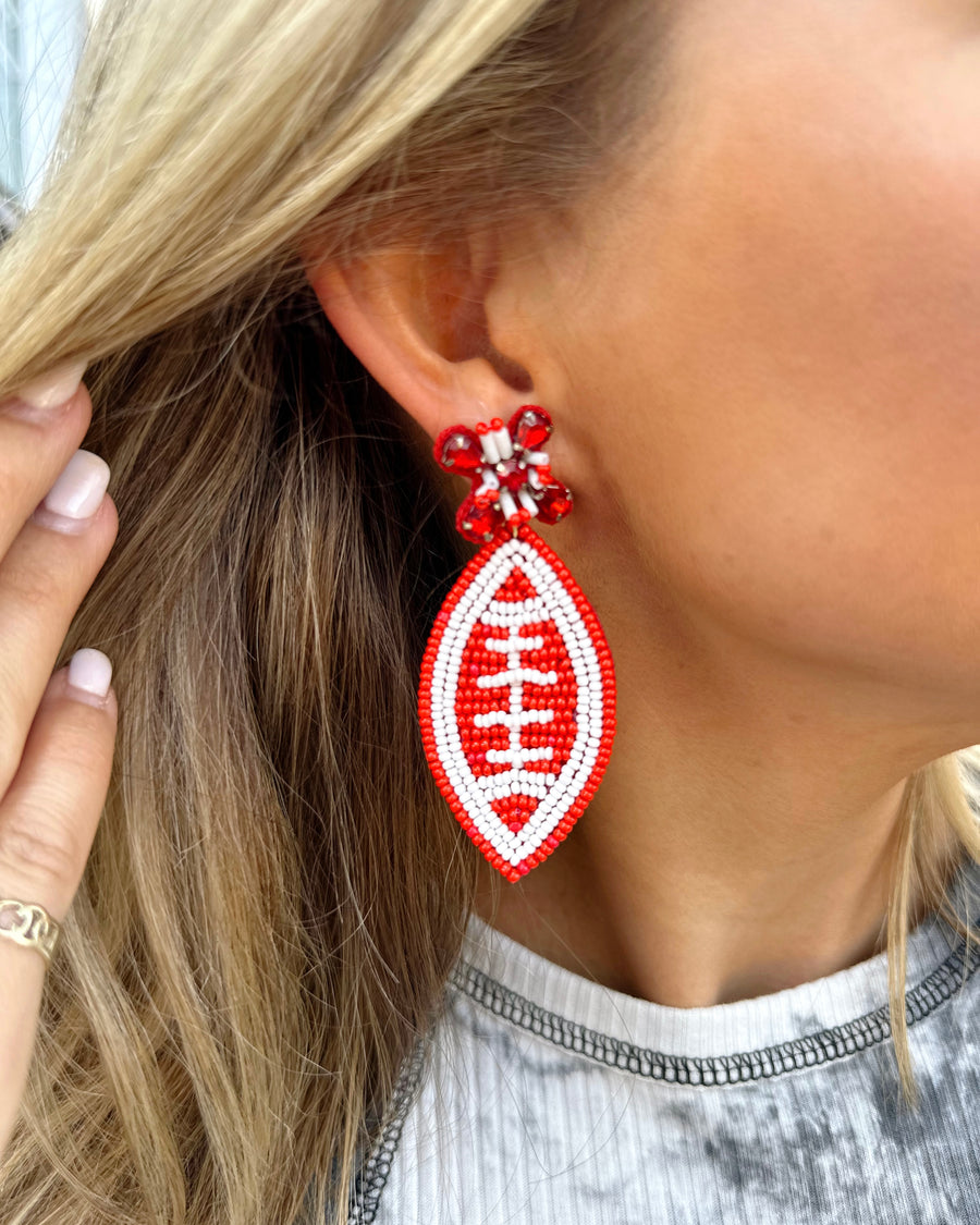 Red/White Sparkle Football Beaded Earrings - Live Love Gameday®