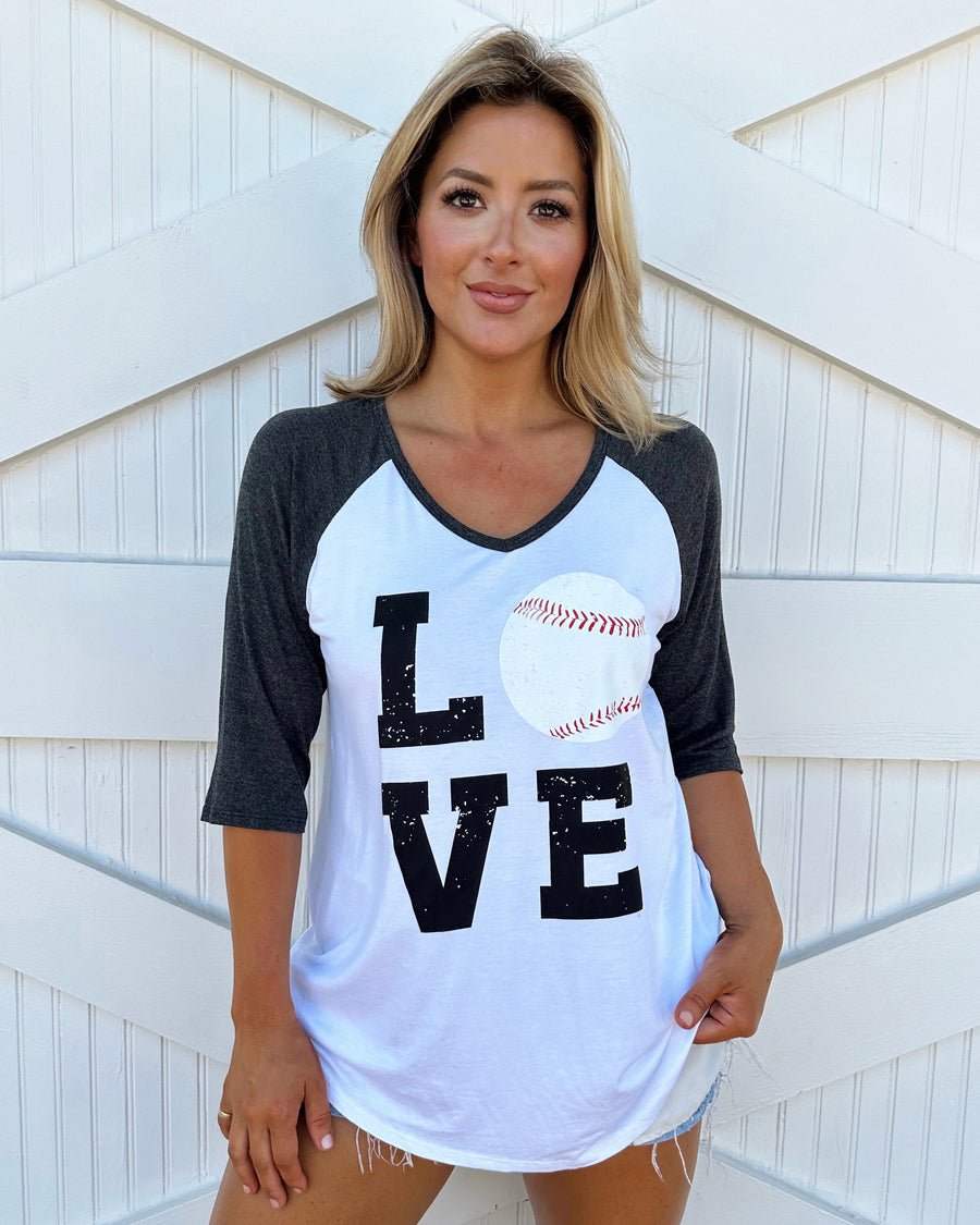 Charcoal LOVE Baseball “O” 3/4 Sleeve Tee - Live Love Gameday®