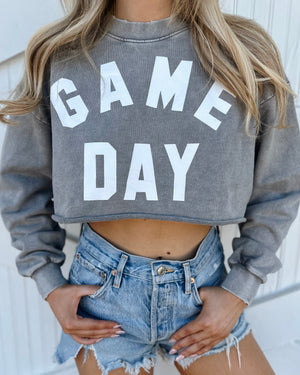 Mineral-Wash “GAME DAY” Gray Cropped Pullover (Pre-Order Ships 9/15) - Live Love Gameday®