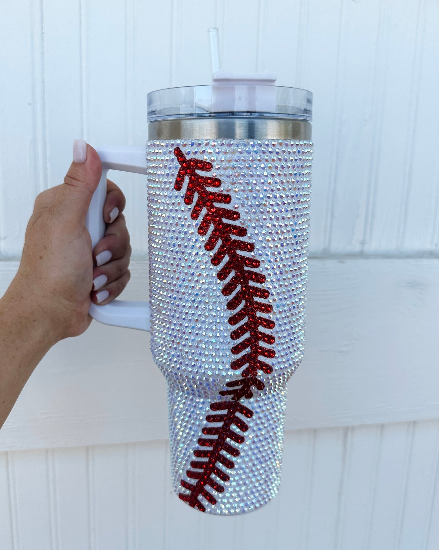 Crystal Baseball White/Red "Blinged Out" 40 Oz. Tumbler (Pre-Order Ships 9/1) - Live Love Gameday®