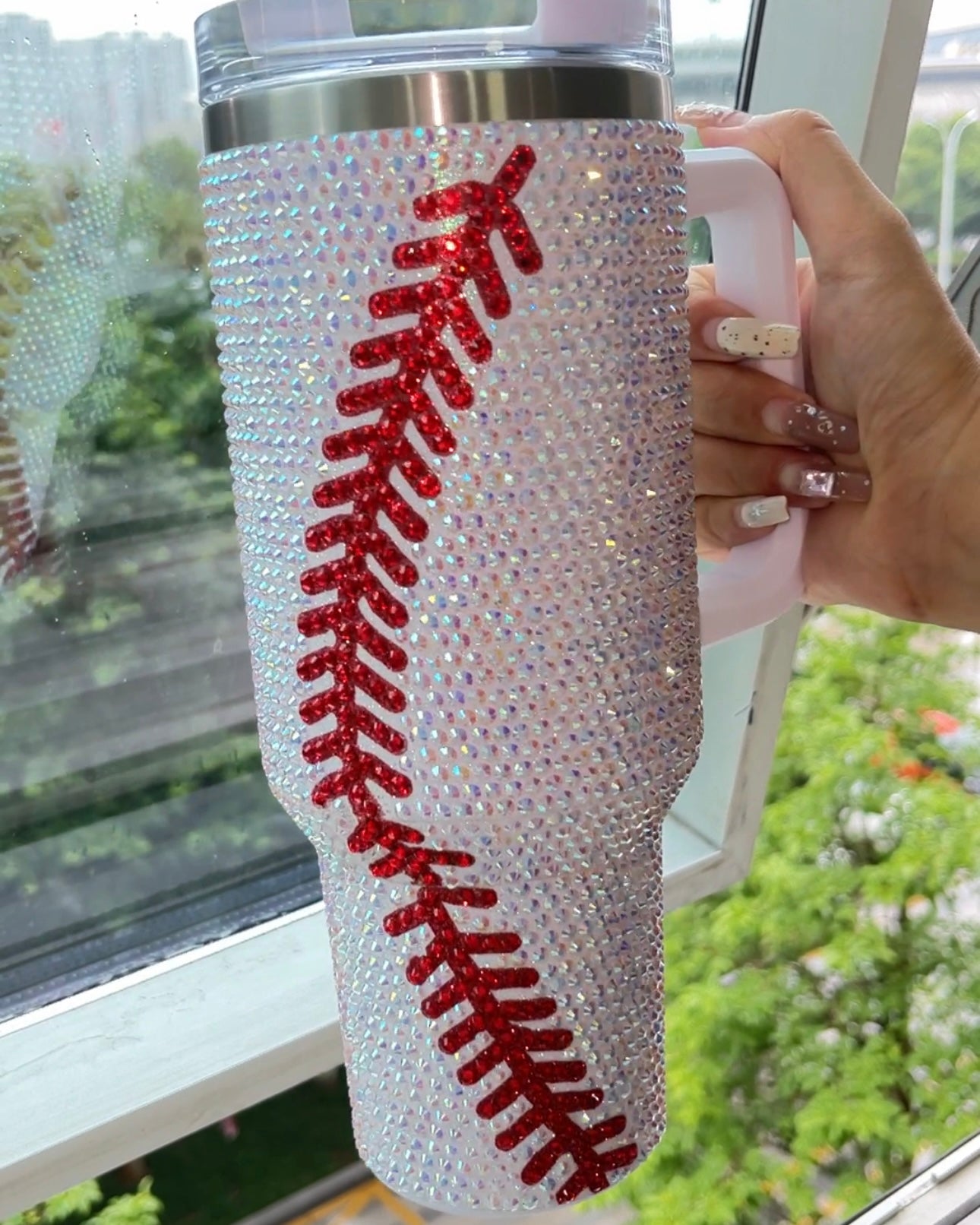 Crystal Baseball White/Red "Blinged Out" 40 Oz. Tumbler (Pre-Order Ships 8/25) - Live Love Gameday®