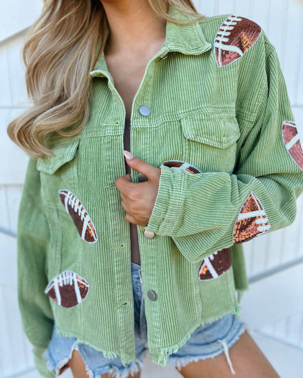 Green Corduroy Sequin Football Cropped Jacket