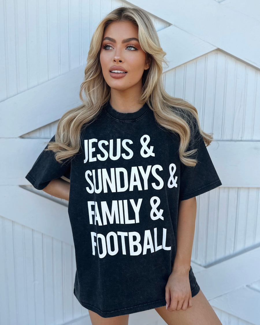 Mineral-Wash “Jesus & Sundays & Family & Football” Black Tee (Pre-Order Ships 9/15) - Live Love Gameday®