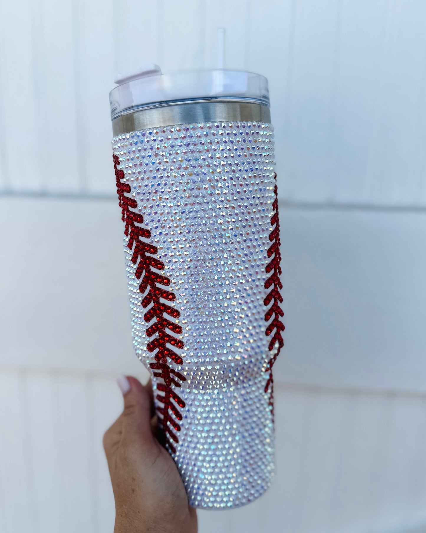 Crystal Baseball White/Red "Blinged Out" 40 Oz. Tumbler (Pre-Order Ships 9/1) - Live Love Gameday®