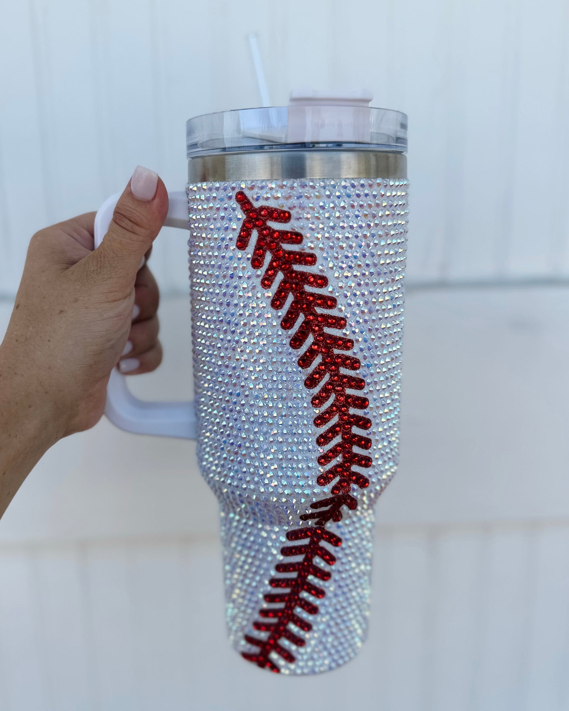 Crystal Baseball White/Red "Blinged Out" 40 Oz. Tumbler (Pre-Order Ships 9/1) - Live Love Gameday®