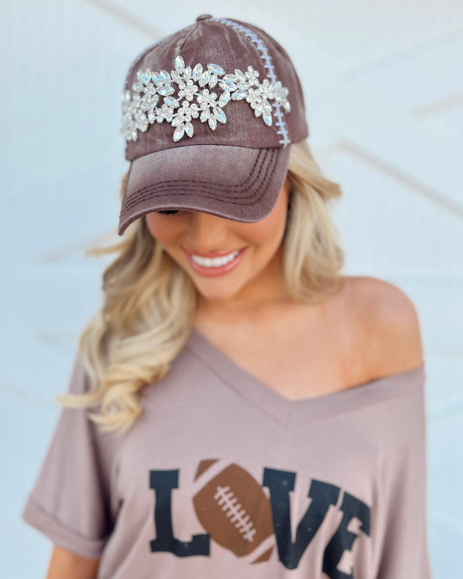 Clear-Toned Large Crystals Football-Stitched Cap - Live Love Gameday®
